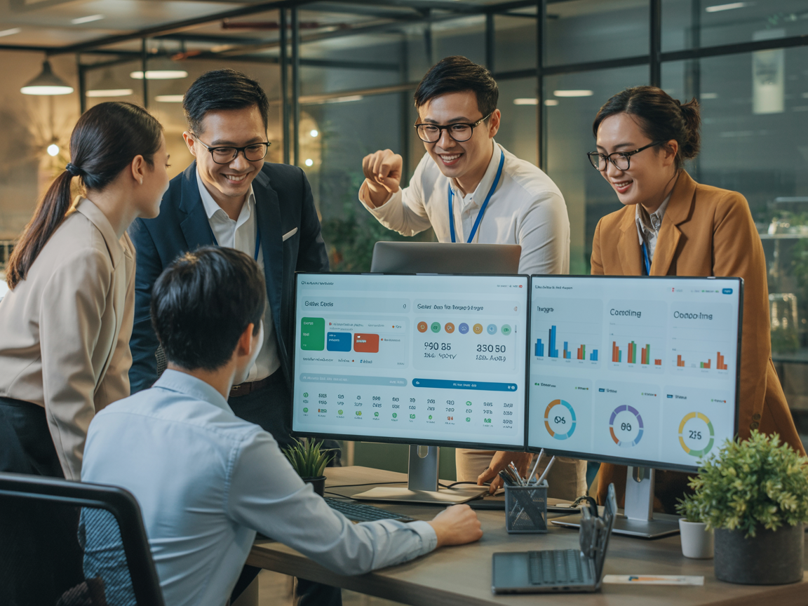 Đội ngũ chuyên gia CRM làm việc cùng dashboard phân tích trong văn phòng hiện đại
